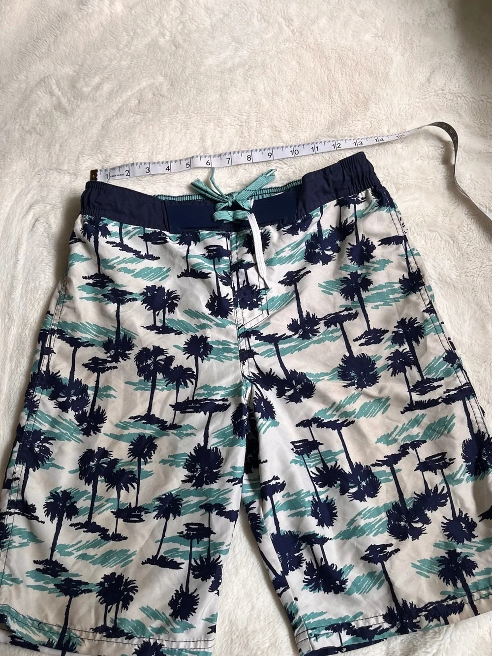 Kids Palm-Print Swim Trunks in Navy & Teal